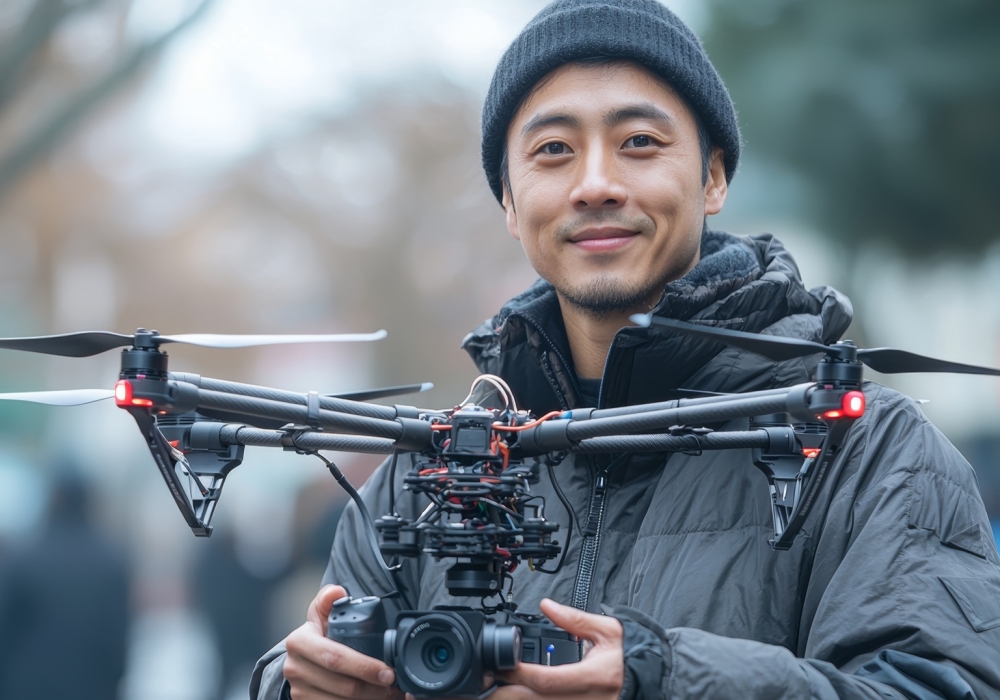 A smiling man holds a drone with a camera setup in an urban environment, showcasing the passion for drone photography and filmmaking.