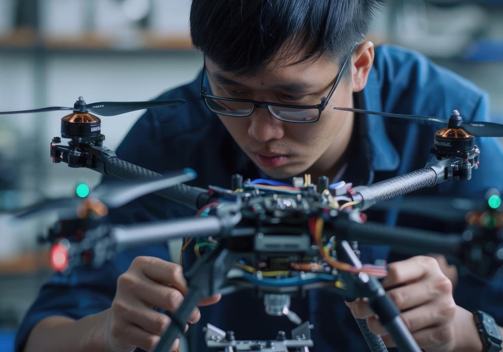 A focused engineer assembles a drone in a workshop, showcasing modern technology and innovation in drone design.